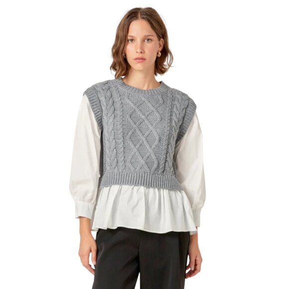 English Factory Mixed Media Cable Detail Sweater Top Womens XS Gray White Shirt - Picture 1 of 11